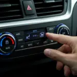 Mão ajustando o controle do ar-condicionado no painel de um carro, simbolizando o uso correto para economia.