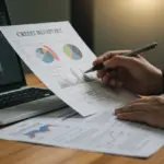 Pessoa analisando documentos financeiros e score de crédito em um laptop.