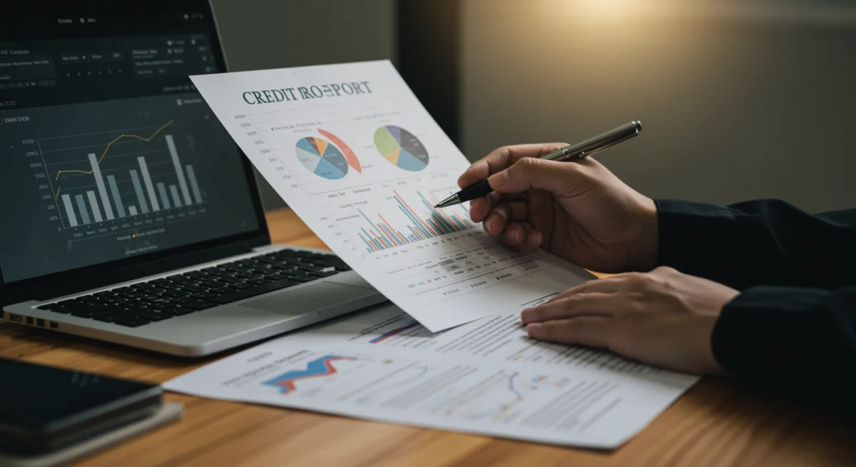 Pessoa analisando documentos financeiros e score de crédito em um laptop.