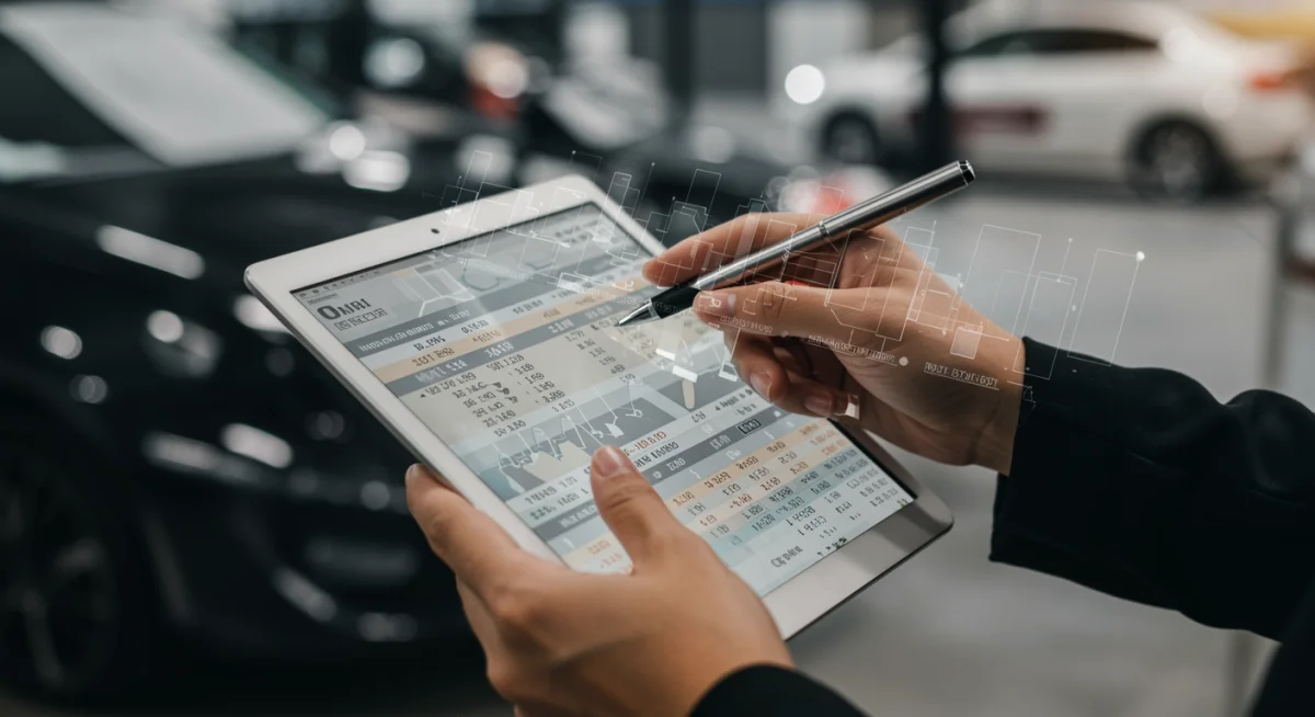 Pessoa analisando planilha financeira detalhada com custos de carro, incluindo combustível, seguro e manutenção, para comparar com planos de assinatura.