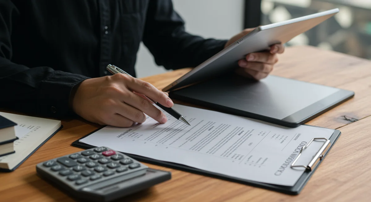 Pessoa analisando documentos financeiros e contrato de compra de carro usado em tablet.