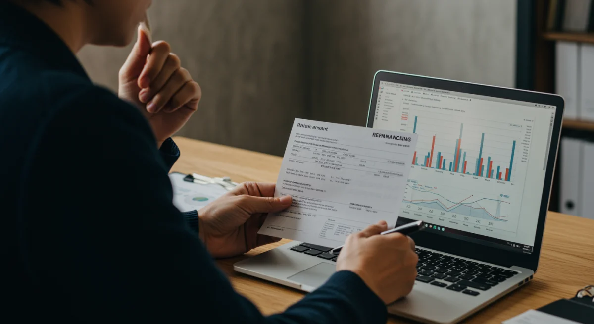 Pessoa analisando gráficos financeiros e documento de carro para refinanciamento.