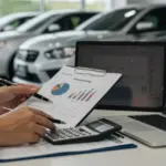 Pessoa analisando documentos e calculando custos para financiamento de veículo usado em 2025, com foco em aprovação e juros baixos.