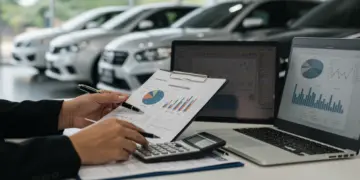 Pessoa analisando documentos e calculando custos para financiamento de veículo usado em 2025, com foco em aprovação e juros baixos.