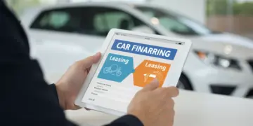 Pessoa analisando opções de leasing e financiamento de carro em um tablet, com um carro moderno ao fundo.