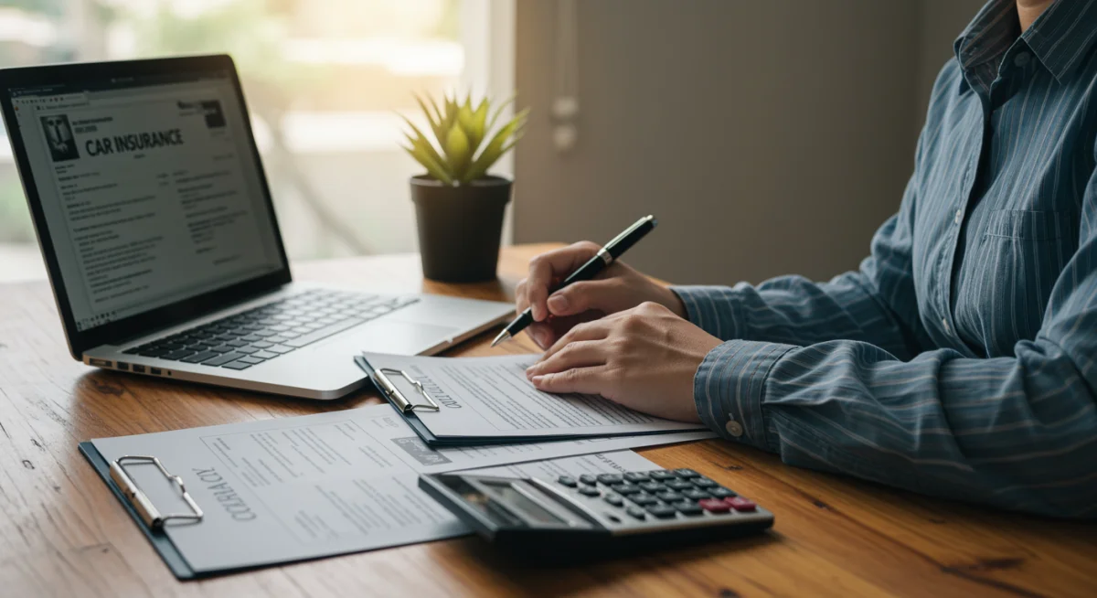 Pessoa analisando propostas de seguro automotivo popular em um laptop, com calculadora e documentos.