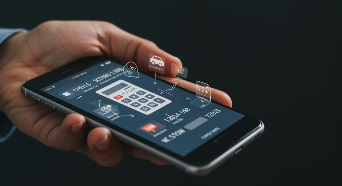 Mão segurando smartphone com aplicativo de análise de score de crédito e calculadora para financiamento automotivo.