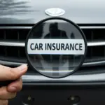 Mão segurando lupa sobre a grade frontal de um carro, simbolizando a análise de seguro para veículos mais antigos.