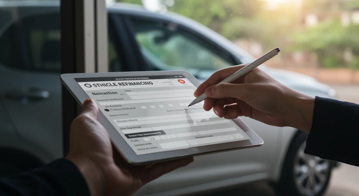 Mão preenchendo formulário digital para solicitação de refinanciamento de veículo.