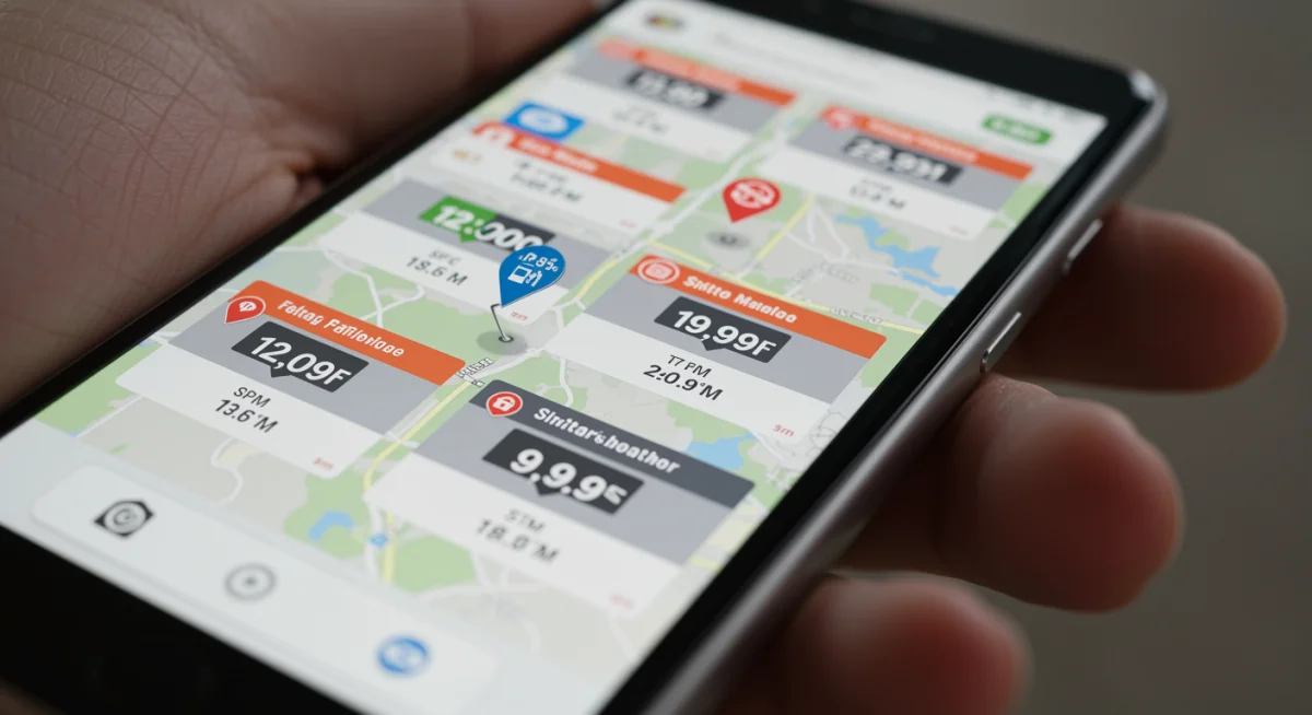 Tela de celular exibindo aplicativo de comparação de preços de combustíveis com mapa e valores.