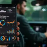 Tela de smartphone com aplicativo de controle de gastos de carro, mostrando gráficos e dados financeiros.