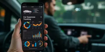 Tela de smartphone com aplicativo de controle de gastos de carro, mostrando gráficos e dados financeiros.