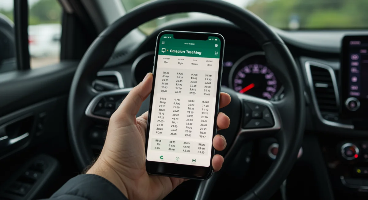 Mão segurando smartphone com aplicativo de controle de combustível, exibindo registros detalhados de abastecimentos.