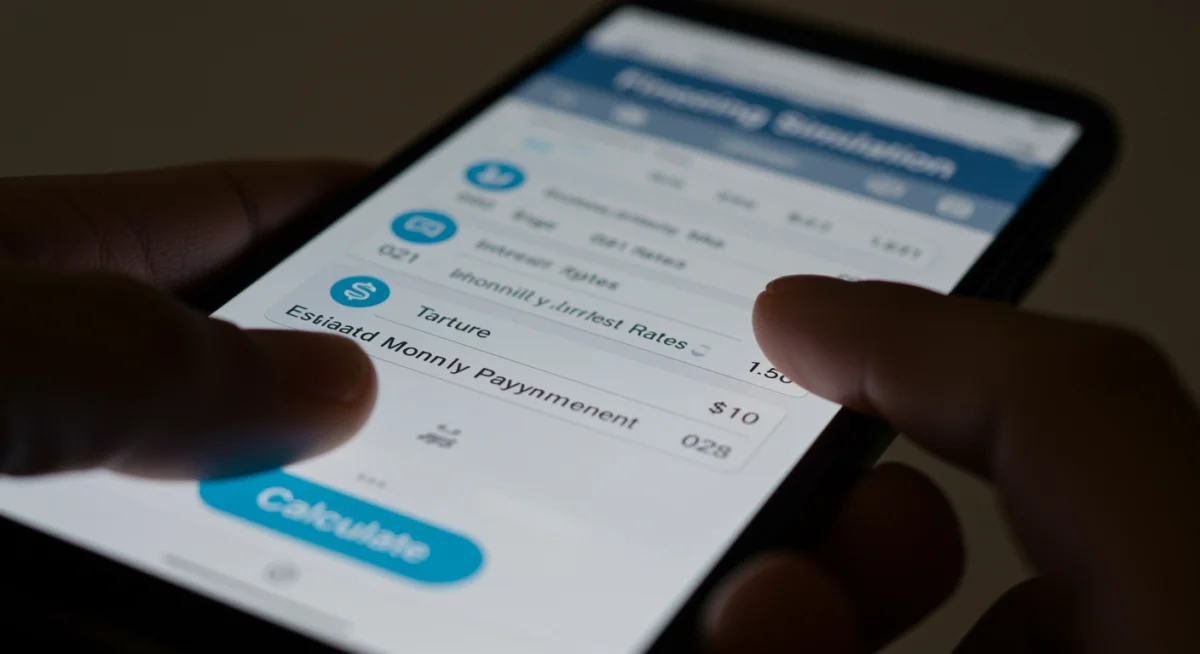 Aplicativo de simulação de financiamento em um smartphone, mostrando campos para preenchimento de dados e resultado da parcela.