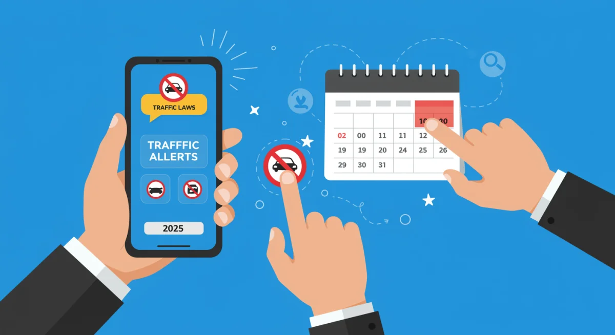 Pessoa usando aplicativo de trânsito no celular e apontando para calendário de 2025, indicando a necessidade de se manter atualizado sobre as leis.