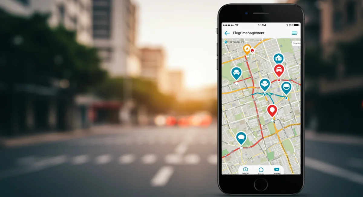 Tela de smartphone mostrando mapa em tempo real com ícones de veículos, representando rastreamento e gestão de frota ou carro pessoal.