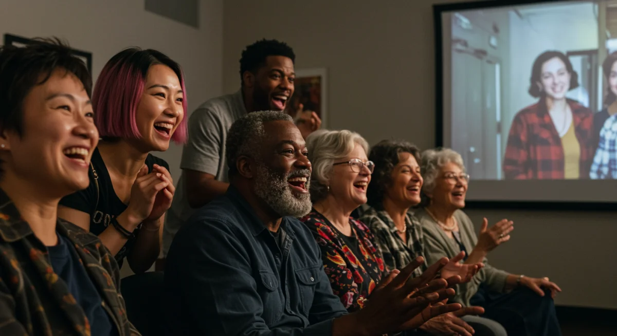 Friends watching and enjoying a short drama together on a screen.