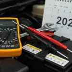 Close-up de uma bateria de carro com ferramentas, simbolizando a manutenção automotiva e planejamento para 2025.