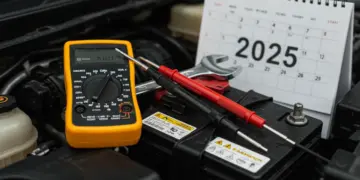 Close-up de uma bateria de carro com ferramentas, simbolizando a manutenção automotiva e planejamento para 2025.