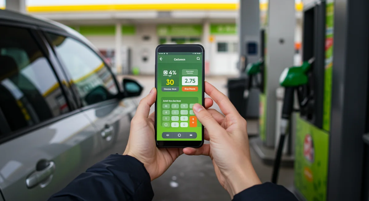 Pessoa utilizando aplicativo no celular para calcular qual combustível é mais vantajoso, álcool ou gasolina.