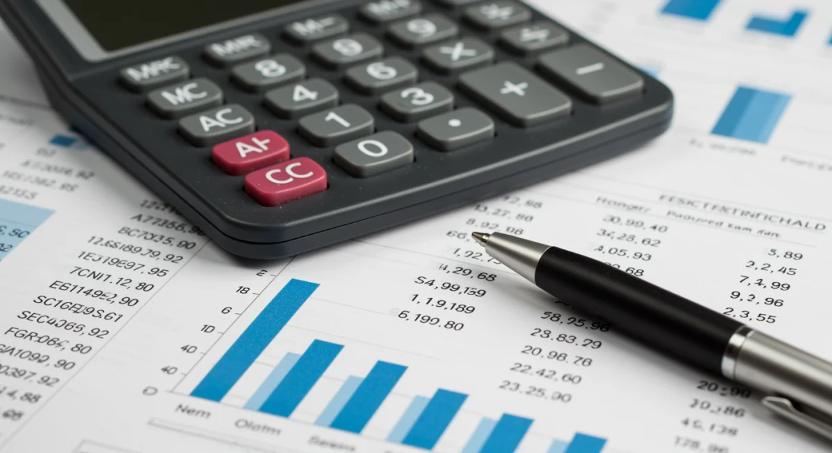 Calculadora e caneta sobre documentos financeiros, destacando a necessidade de cálculos precisos.