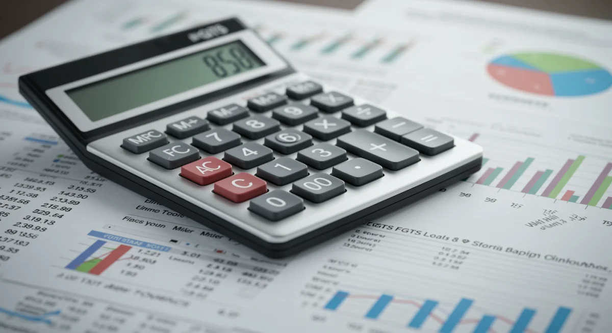 Calculadora e documentos financeiros sobre uma mesa, representando planejamento e simulação de financiamento.