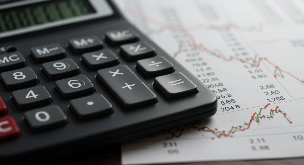 Calculadora exibindo juros e pagamentos, com gráfico da taxa Selic ao fundo, simbolizando o impacto financeiro no financiamento.