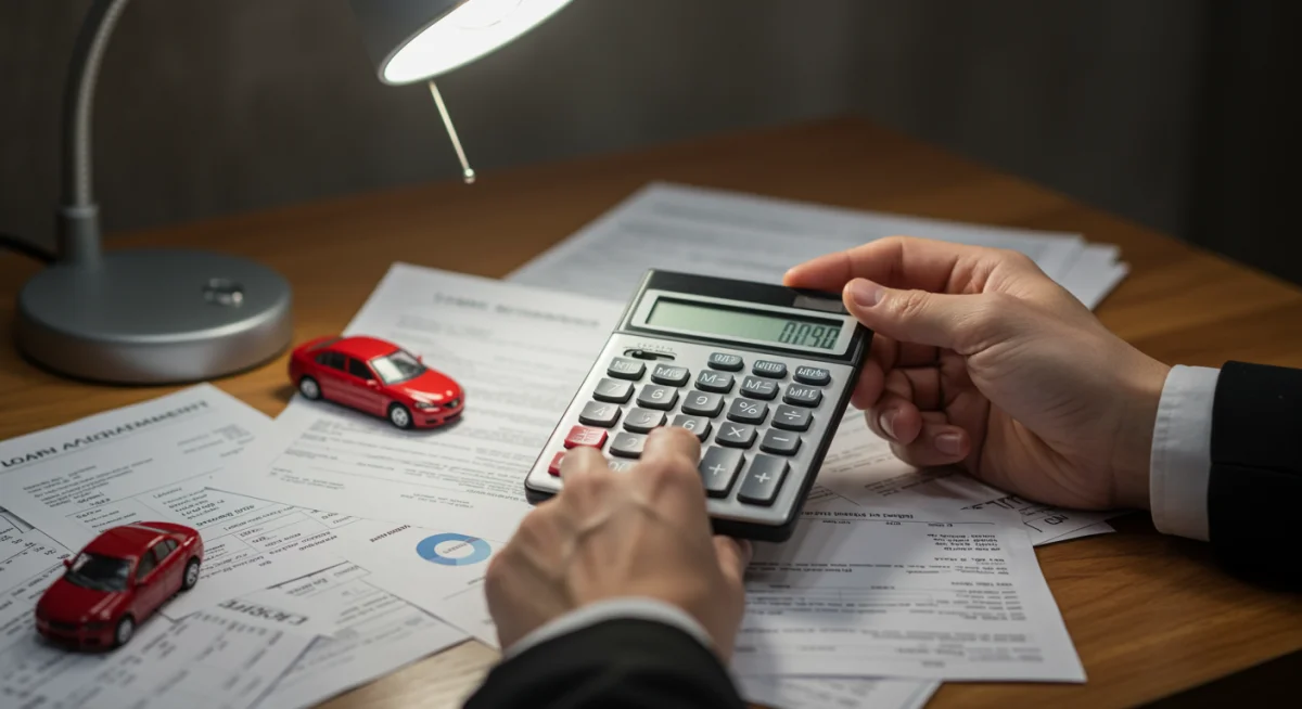 Mão segurando uma calculadora sobre documentos financeiros e um carrinho de brinquedo, ilustrando o cálculo detalhado de custos de financiamento veicular.