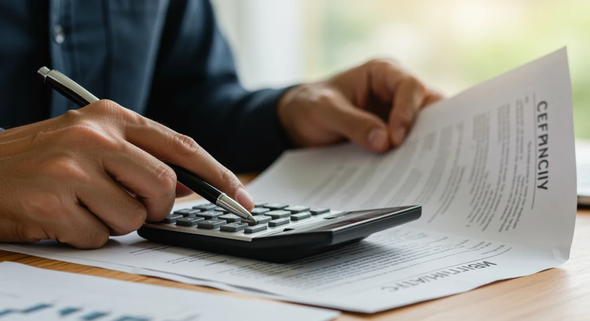 Mãos segurando calculadora e caneta sobre um contrato, representando o cálculo de taxas de juros e a assinatura de acordos de refinanciamento.