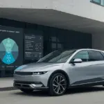 Carro elétrico moderno com tela digital exibindo planos de assinatura e comparação de custos, simbolizando a escolha entre carro por assinatura e carro próprio em 2025.