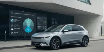 Carro elétrico moderno com tela digital exibindo planos de assinatura e comparação de custos, simbolizando a escolha entre carro por assinatura e carro próprio em 2025.