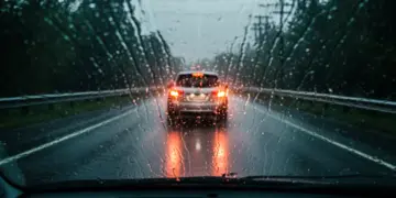 Carro dirigindo sob forte chuva em rodovia molhada, com visibilidade reduzida e faróis acesos, simbolizando os desafios de segurança ao dirigir em condições climáticas adversas.