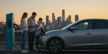 Carro elétrico moderno sendo carregado em estação, com família consultando informações financeiras sobre financiamento de veículos sustentáveis.
