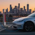 Carro elétrico sendo carregado em um posto público, com skyline urbano ao fundo, destacando a modernidade e os benefícios financeiros da mobilidade elétrica.