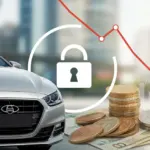 Carro moderno com símbolo de cadeado, representando financiamento com garantia e taxas de juros mais baixas em 2025.