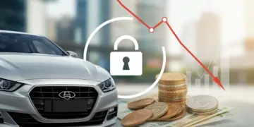 Carro moderno com símbolo de cadeado, representando financiamento com garantia e taxas de juros mais baixas em 2025.
