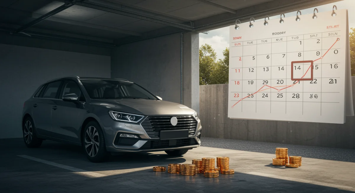 Carro familiar estacionado, com calendário de 2025 destacado, simbolizando planejamento e economia futura.