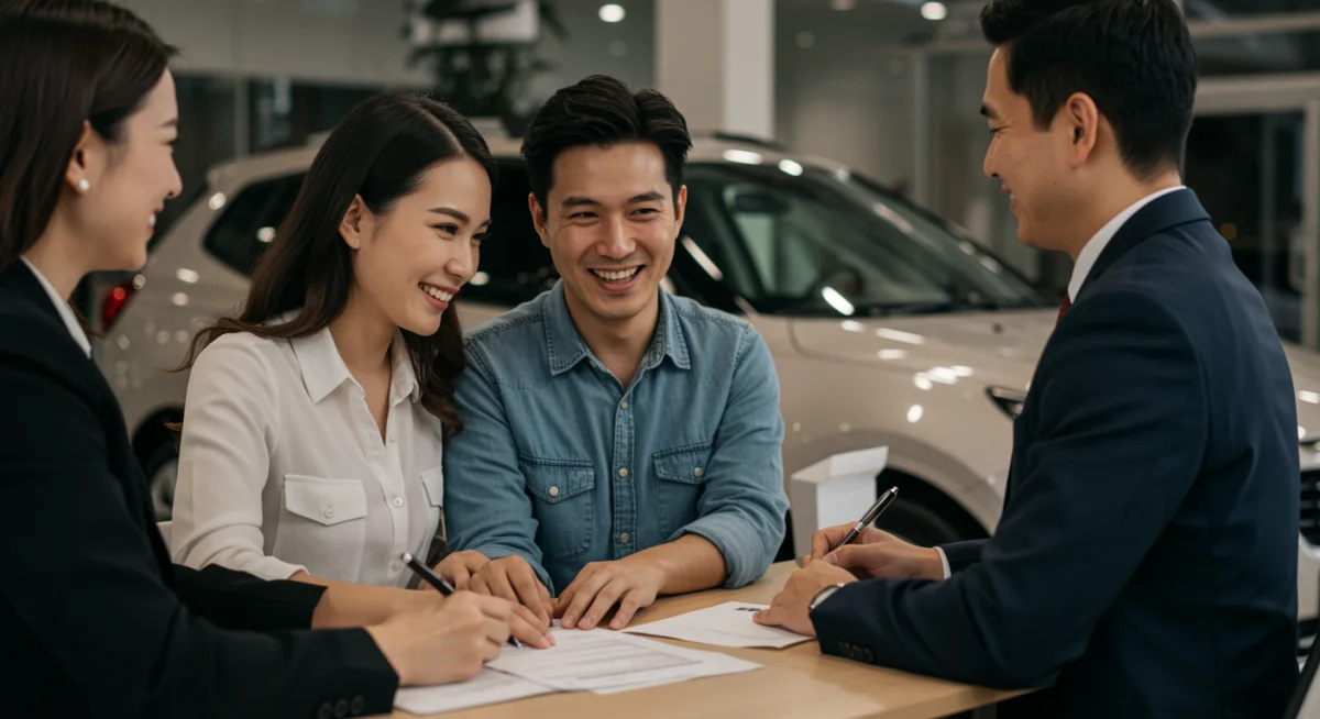 Casal feliz assinando contrato de financiamento de carro em concessionária.