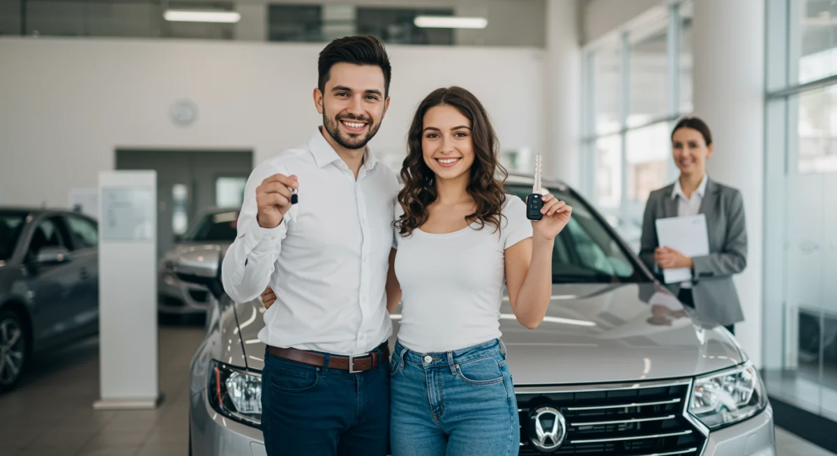 Casal feliz ao lado de carro usado recém-financiado, simbolizando a conquista e uma compra bem-sucedida.