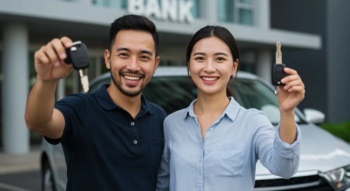 Casal feliz com chaves de carro, após sucesso na portabilidade de financiamento e economia.