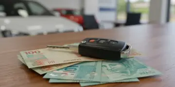 Chave de carro sobre notas de real, simbolizando refinanciamento rápido e acesso a capital.