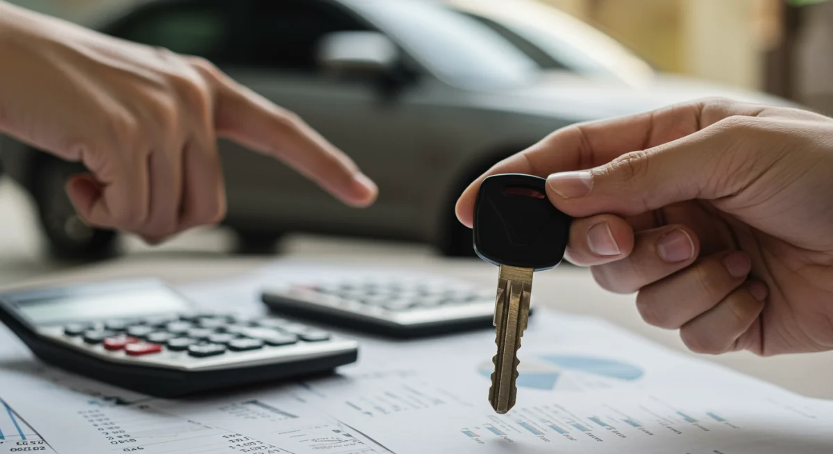 Mão segurando chave de carro, com documentos financeiros e calculadora ao fundo, simbolizando o processo de avaliação de crédito.