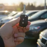 Pessoa segurando chave de carro usado em concessionária, simbolizando a compra segura.