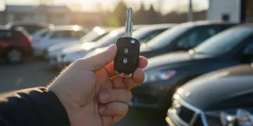 Pessoa segurando chave de carro usado em concessionária, simbolizando a compra segura.