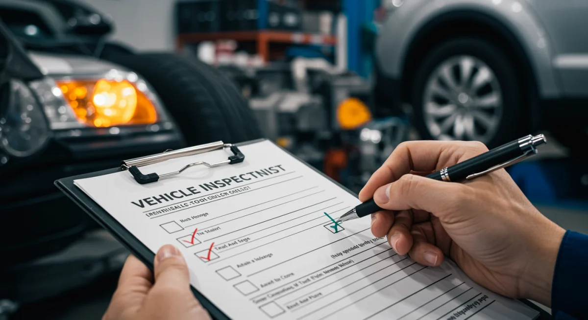 Checklist de inspeção veicular sendo preenchido por técnico