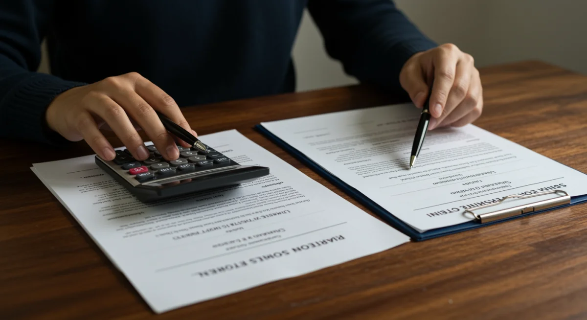 Pessoa comparando contratos de financiamento de veículo, buscando taxas de juros menores.
