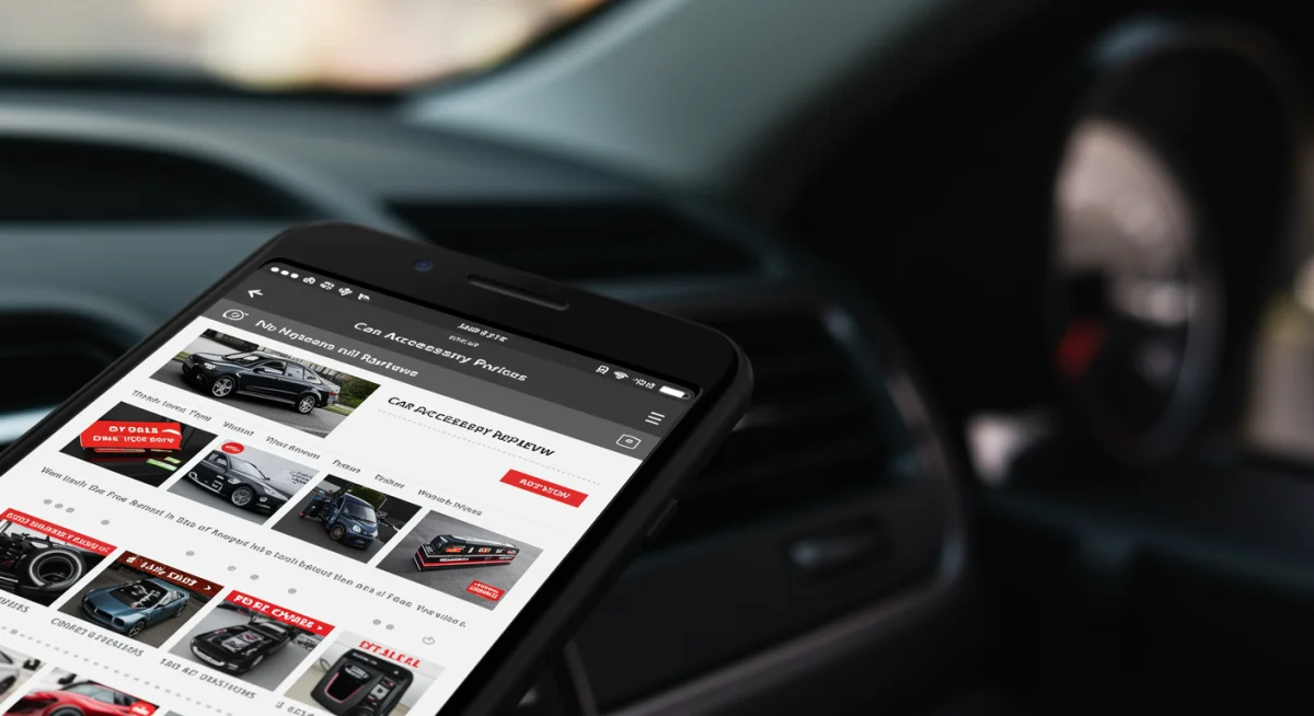 Tela de smartphone exibindo sites de comparação de preços para acessórios de carro, com foco em economia e pesquisa inteligente.
