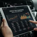 Homem comparando taxas de juros de financiamento de veículos em um tablet, com o painel de um carro ao fundo.