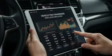 Homem comparando taxas de juros de financiamento de veículos em um tablet, com o painel de um carro ao fundo.