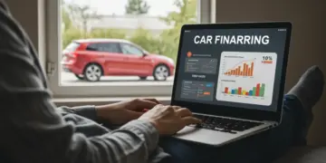 Pessoa comparando opções de financiamento de carro online em um notebook, com foco na economia de tempo e nas melhores taxas.